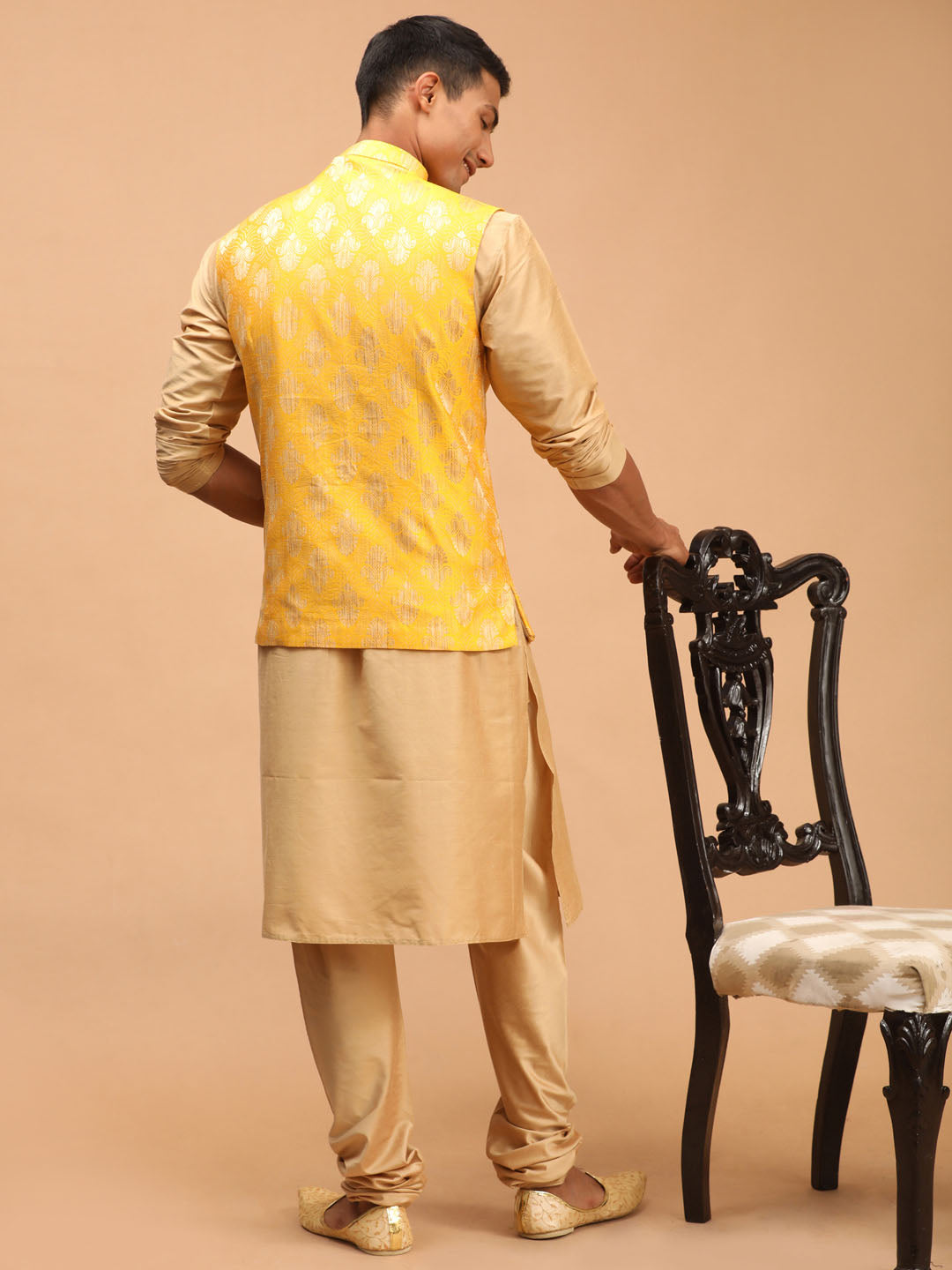 Sarvati Men's Yellow Woven Ethnic Jacket And Rose Gold Kurta And Pyjama Set