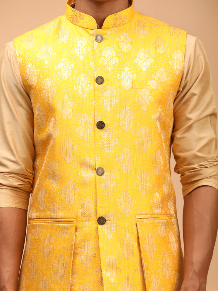 Sarvati Men's Yellow Woven Ethnic Jacket And Rose Gold Kurta And Pyjama Set