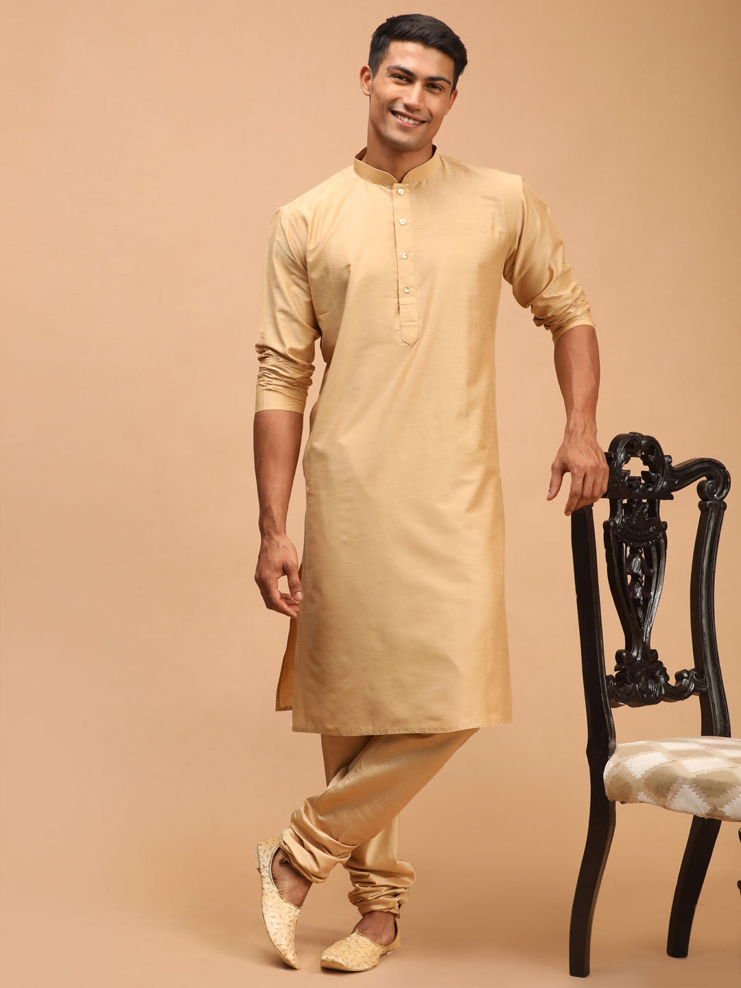 Sarvati Men's Yellow Woven Ethnic Jacket And Rose Gold Kurta And Pyjama Set