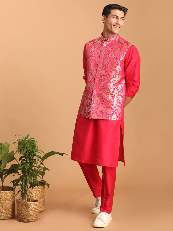 Sarvati Men's Pink Jacquard jacket With Solid Kurta And Pant Style Pyjama Set