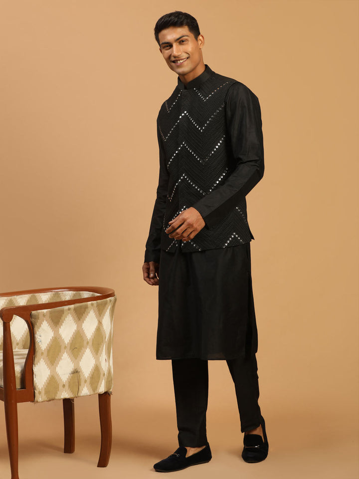 Sarvati Men's Black Mirror Jacket With Kurta Pyjama Set