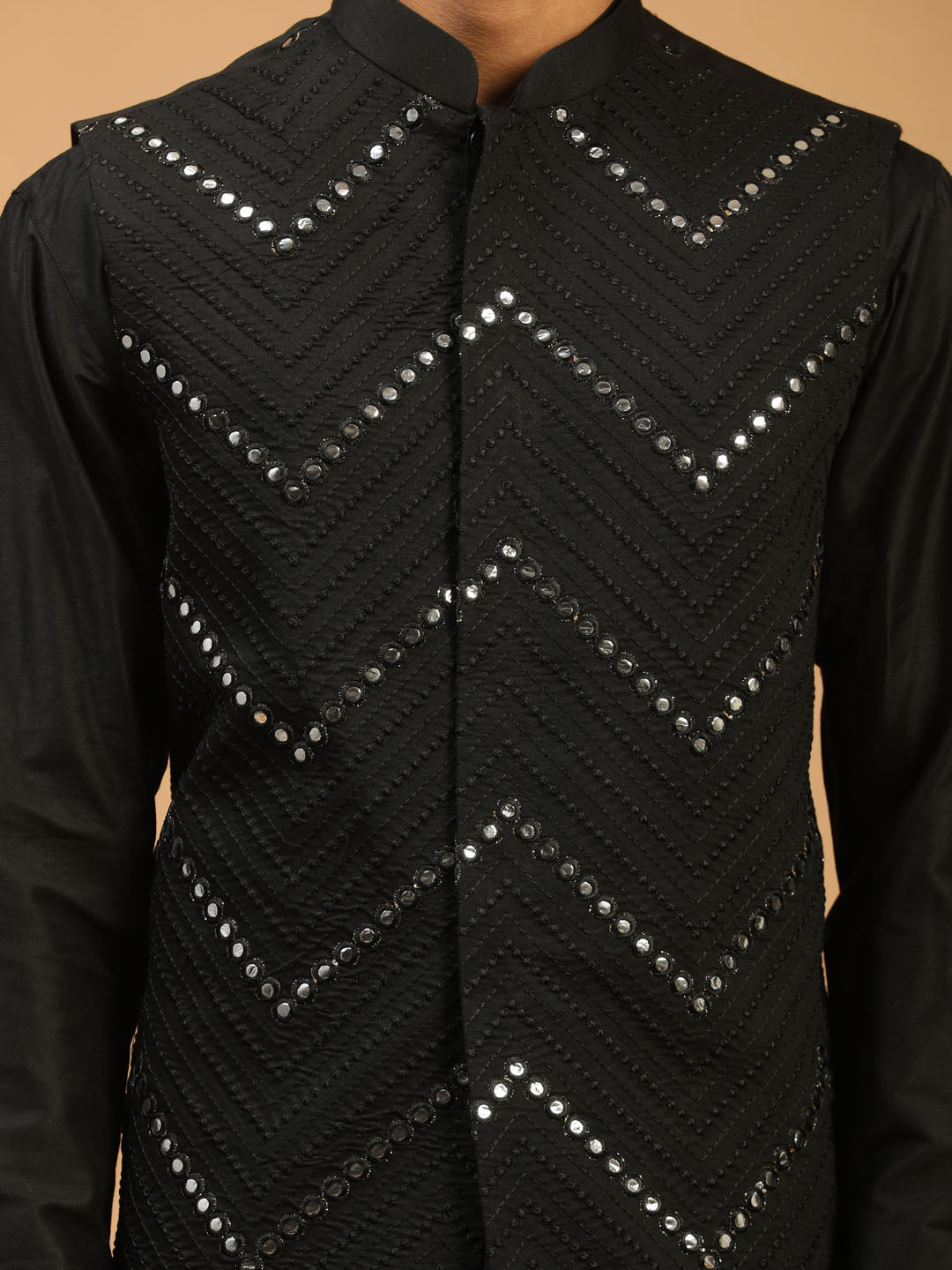 Sarvati Men's Black Mirror Jacket With Kurta Pyjama Set