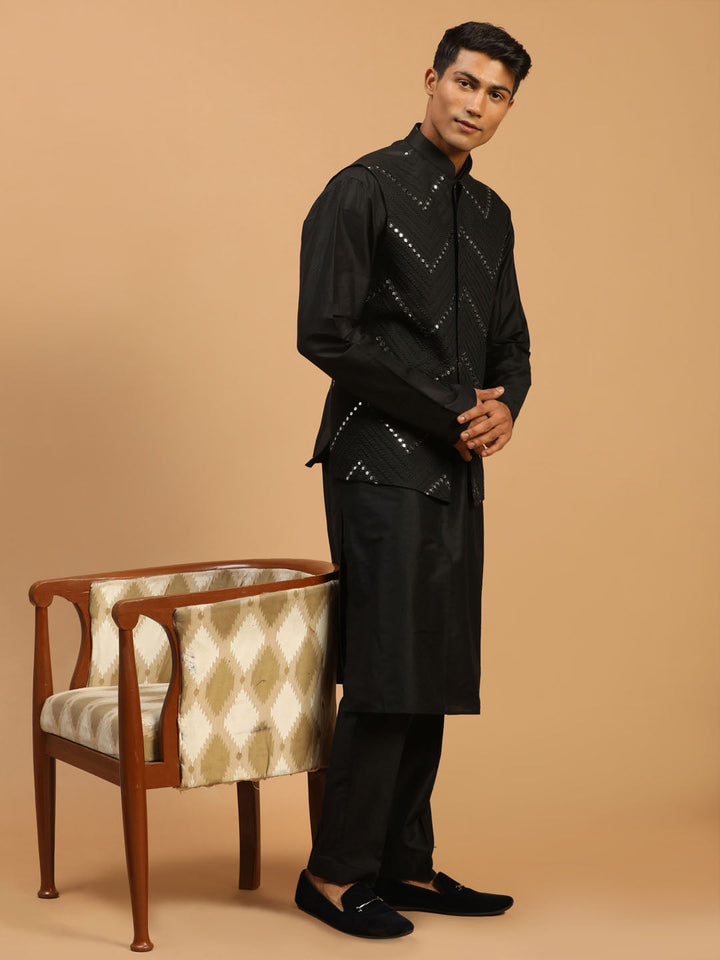 Sarvati Men's Black Mirror Jacket With Kurta Pyjama Set