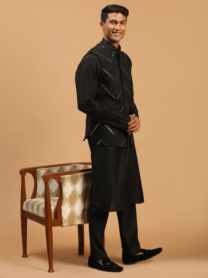 Sarvati Men's Black Mirror Jacket With Kurta Pyjama Set