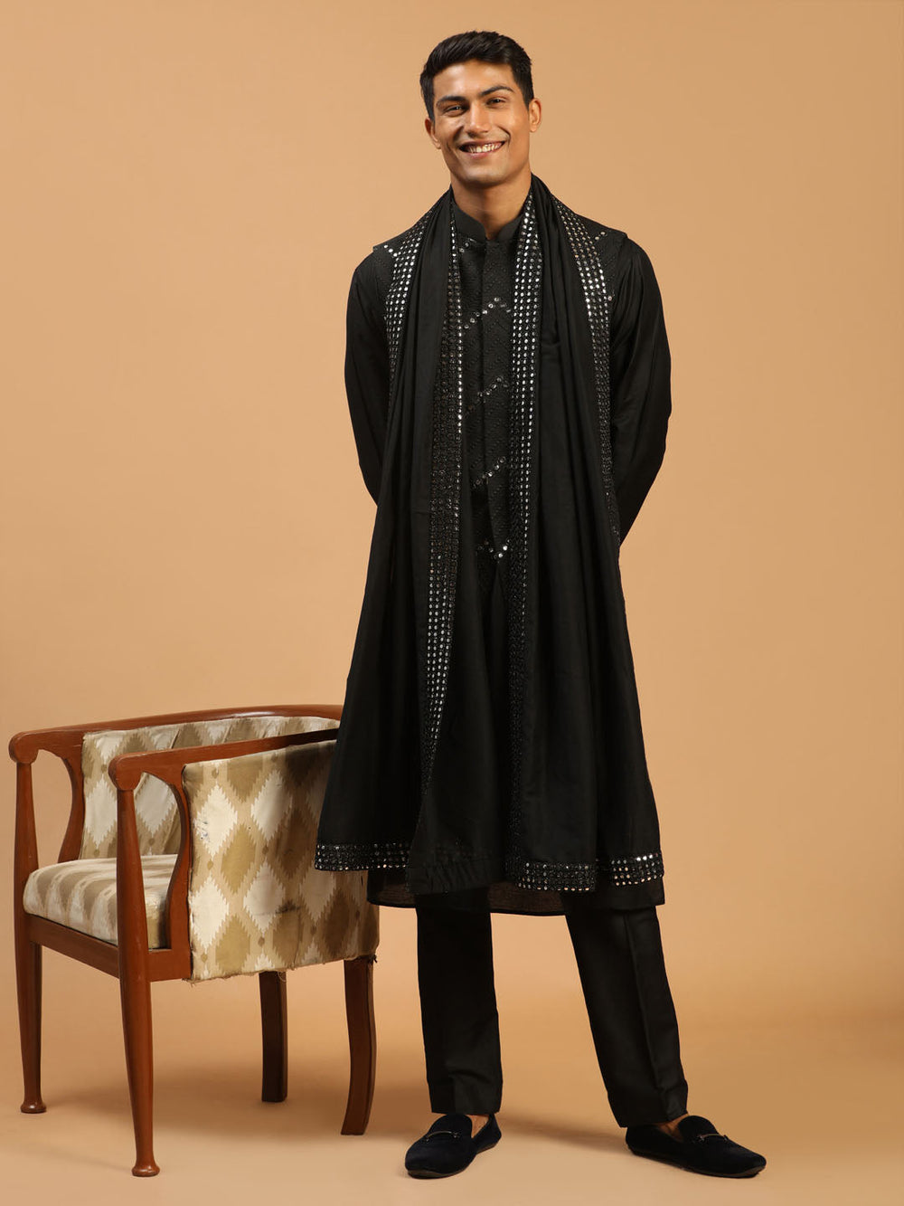 Sarvati Men's Black Mirror Jacket With Kurta Pant And Dupatta Set