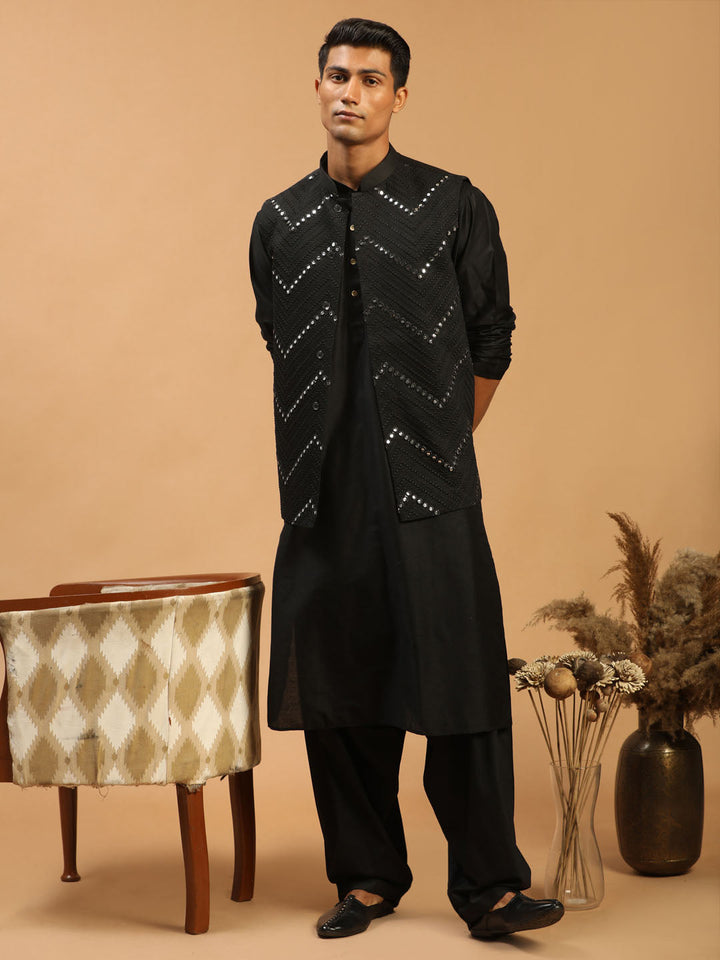 Sarvati Men's Black Mirror Jacket With Kurta Patiala Set