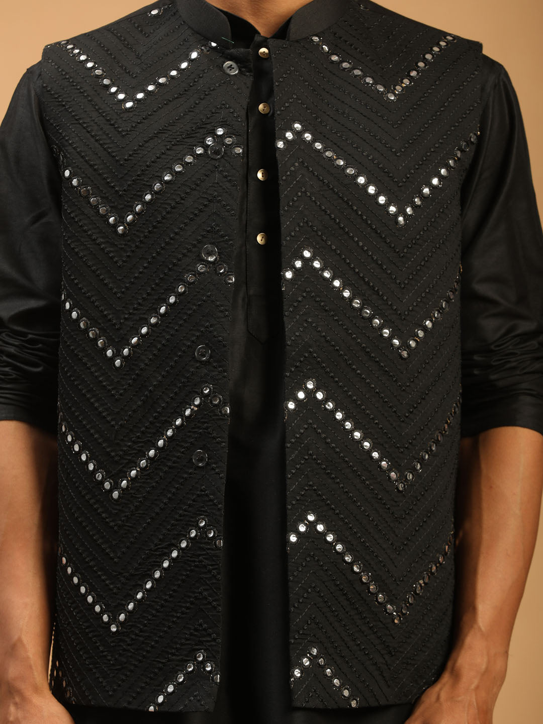 Sarvati Men's Black Mirror Jacket With Kurta Patiala Set