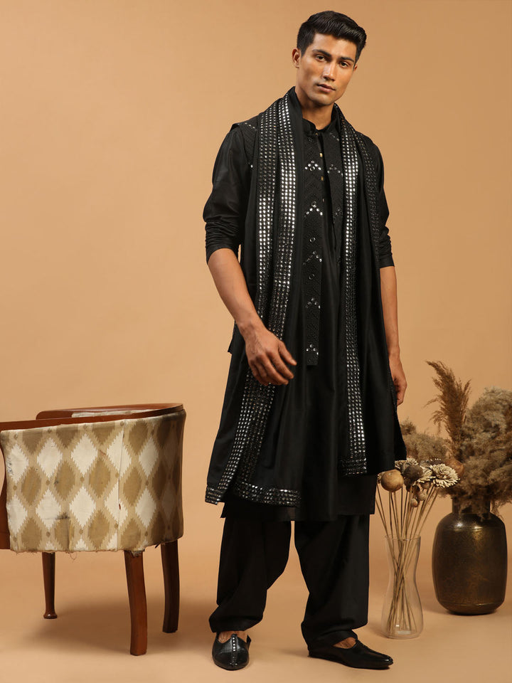 Sarvati Men's Black Mirror Jacket With Kurta Patiala And Dupatta Set