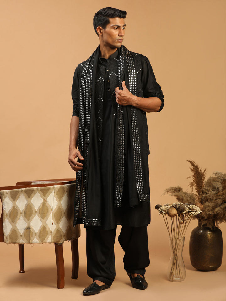 Sarvati Men's Black Mirror Jacket With Kurta Patiala And Dupatta Set