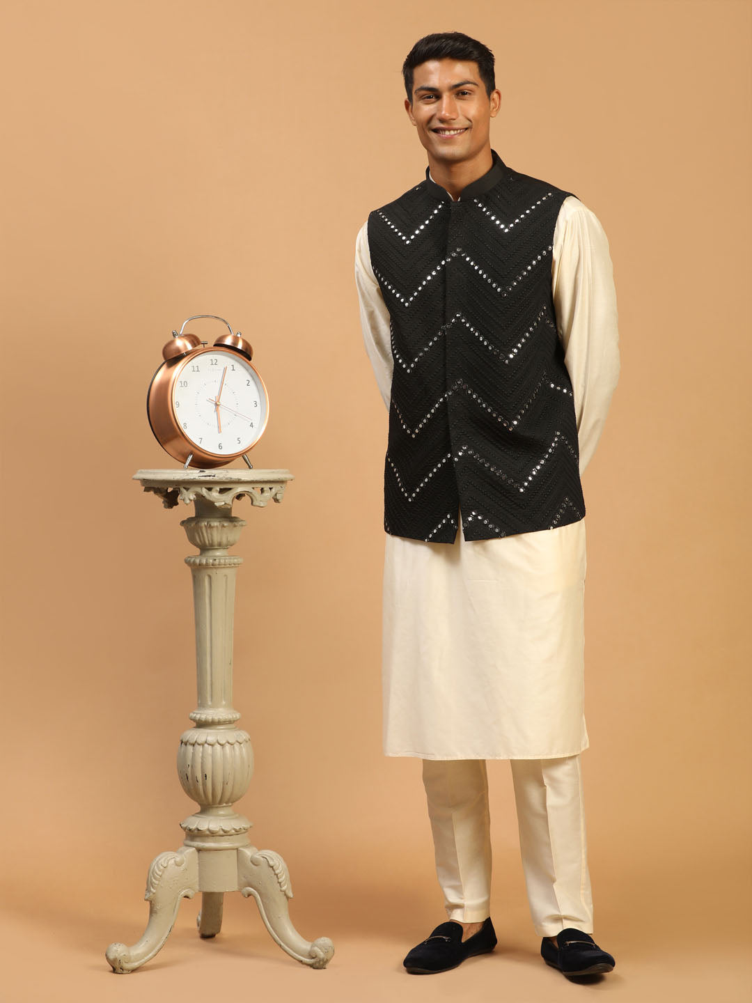 Sarvati Men's Black Mirror Jacket With Kurta Pant Set