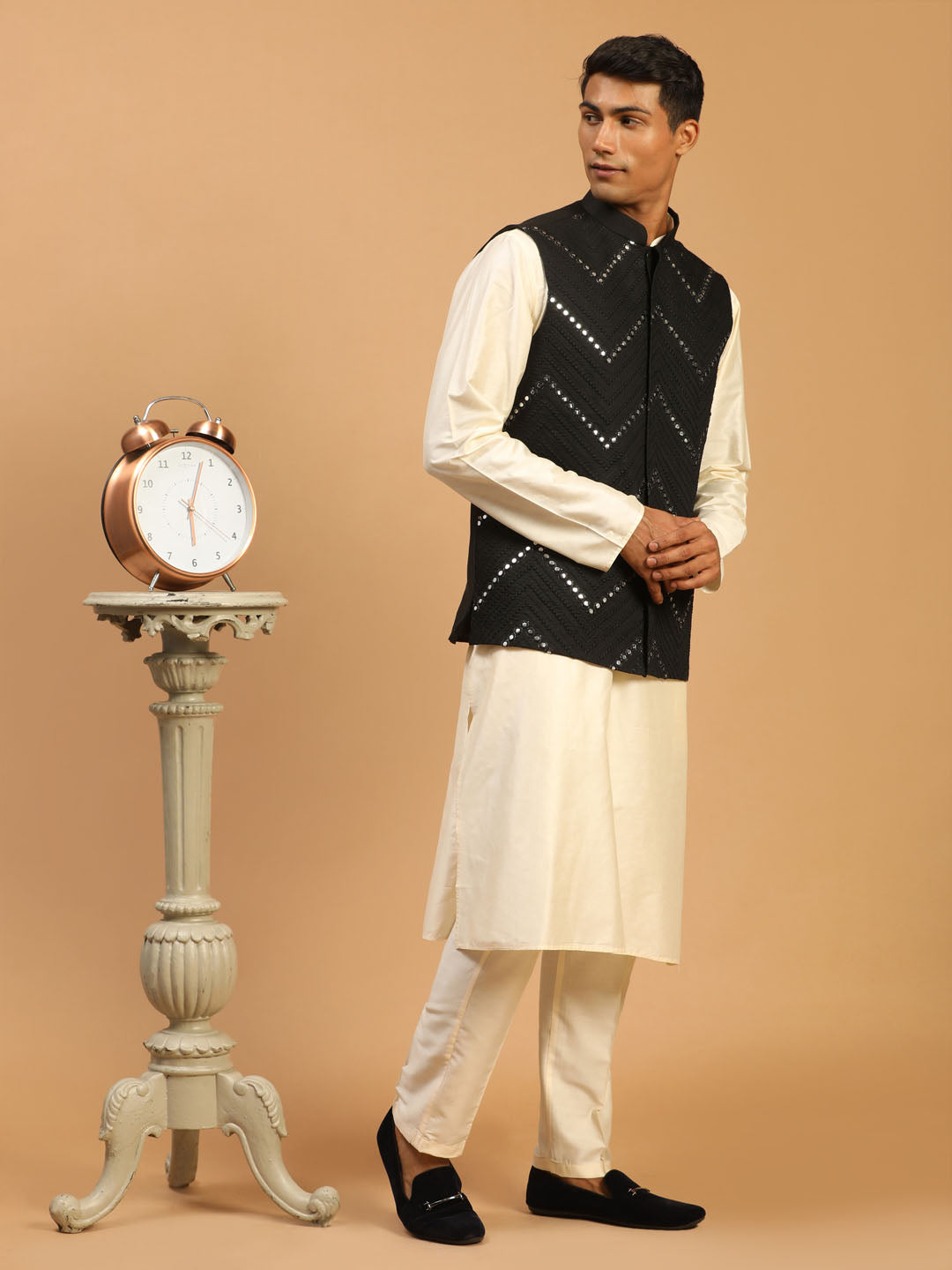 Sarvati Men's Black Mirror Jacket With Kurta Pant Set