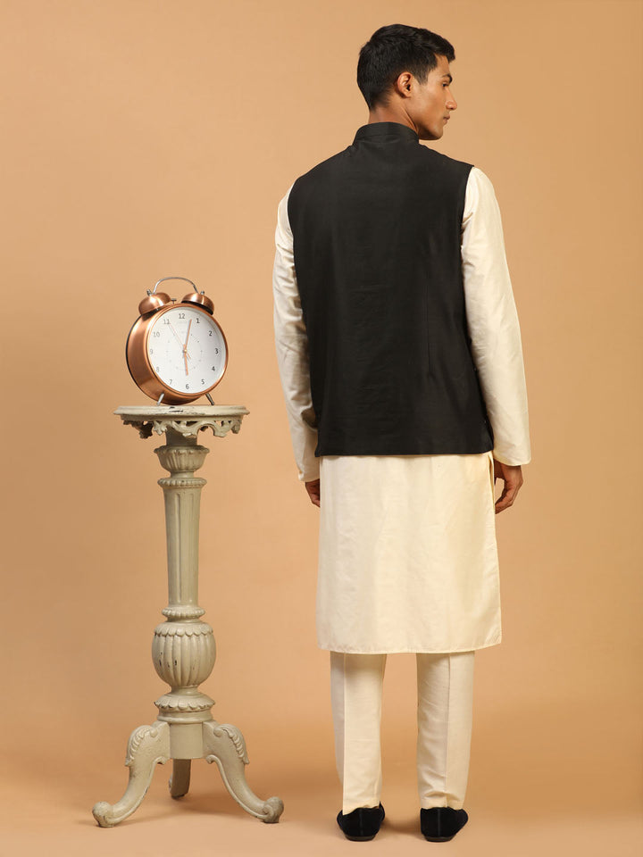 Sarvati Men's Black Mirror Jacket With Kurta Pant Set