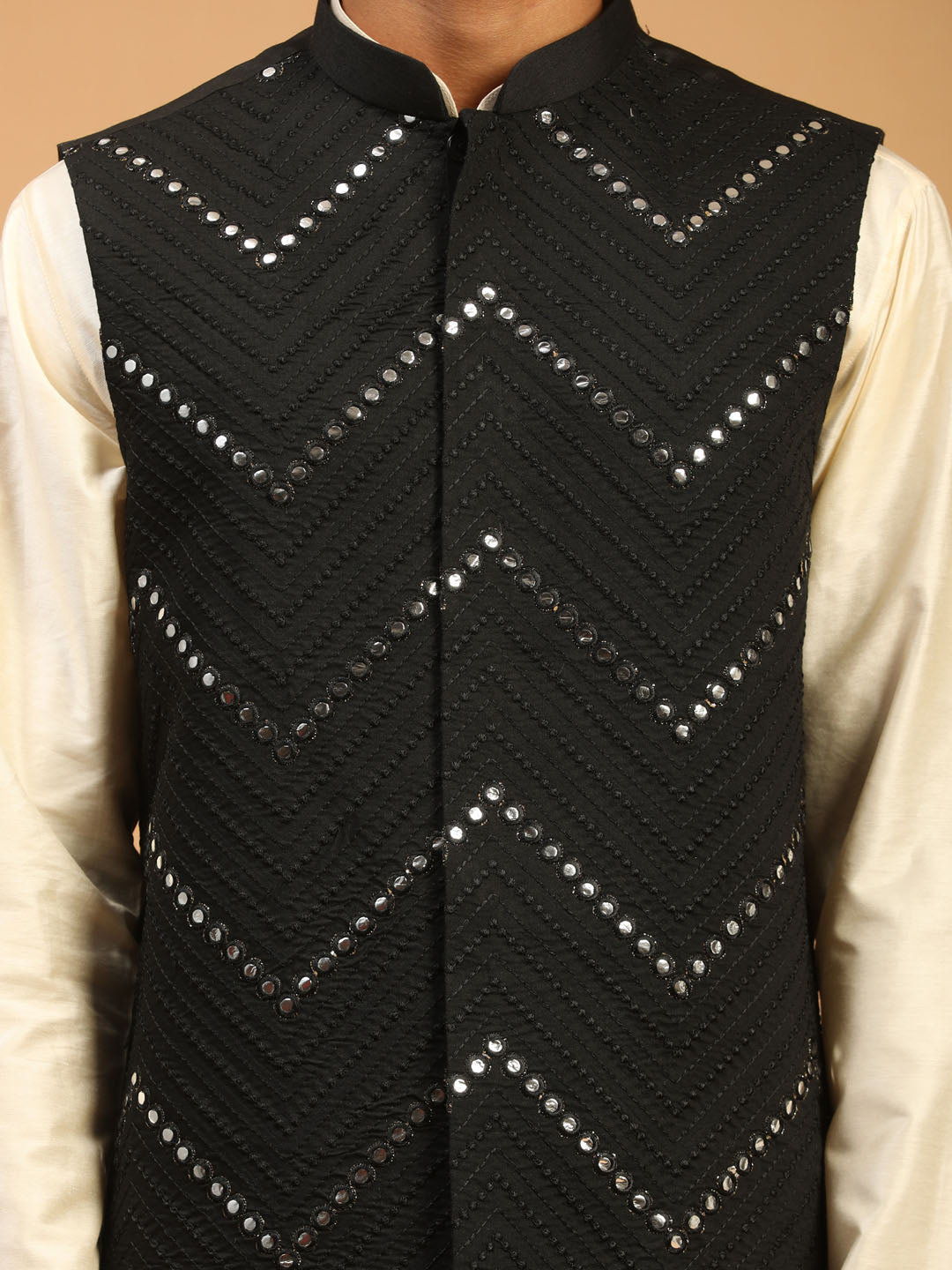 Sarvati Men's Black Mirror Jacket With Kurta Pant Set