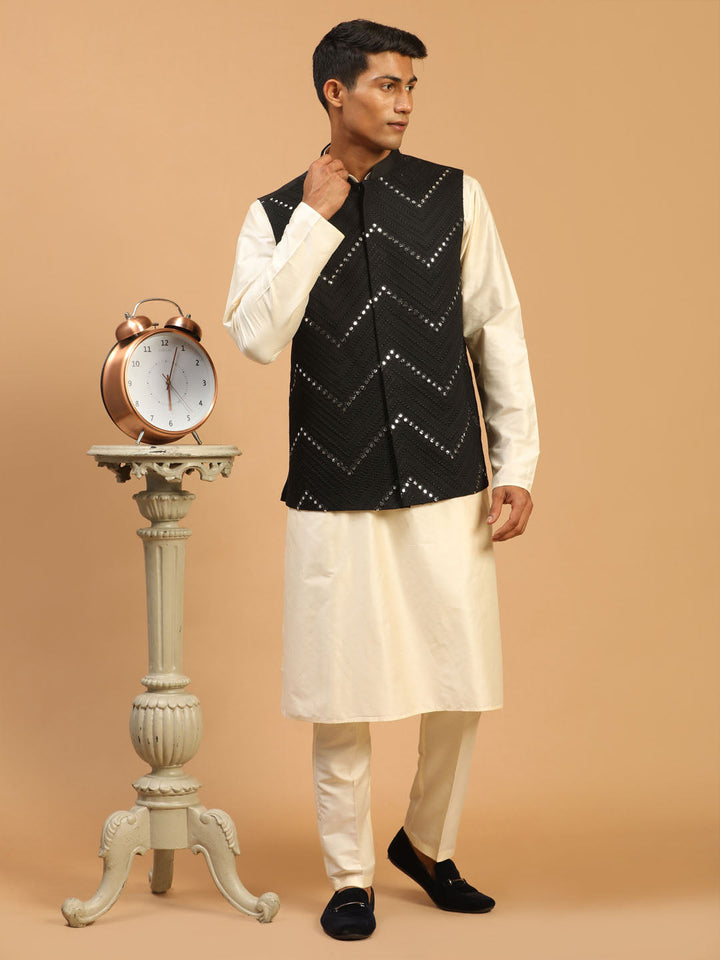 Sarvati Men's Black Mirror Jacket With Kurta Pant Set