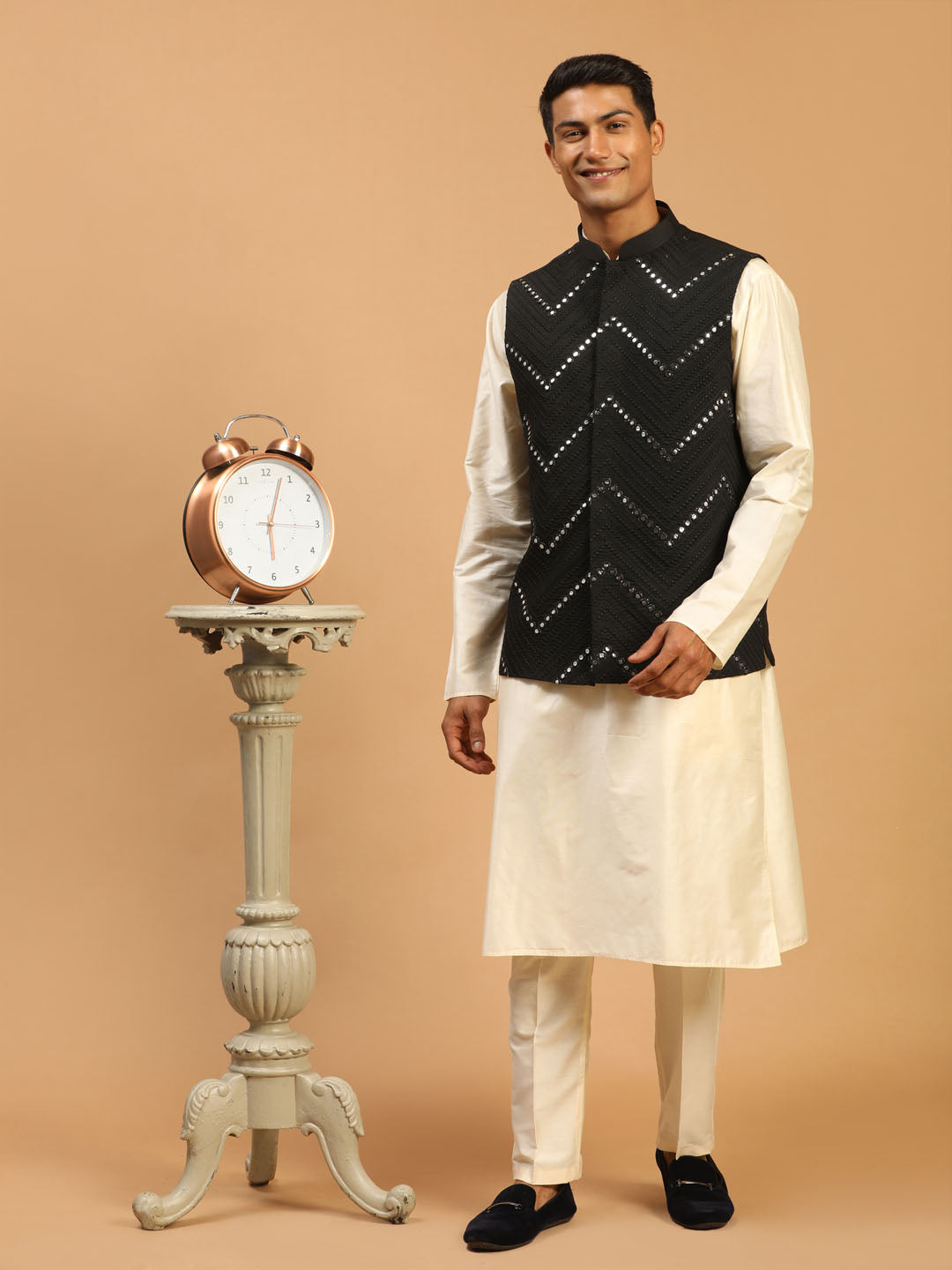 Sarvati Men's Black Mirror Jacket With Kurta Pant Set