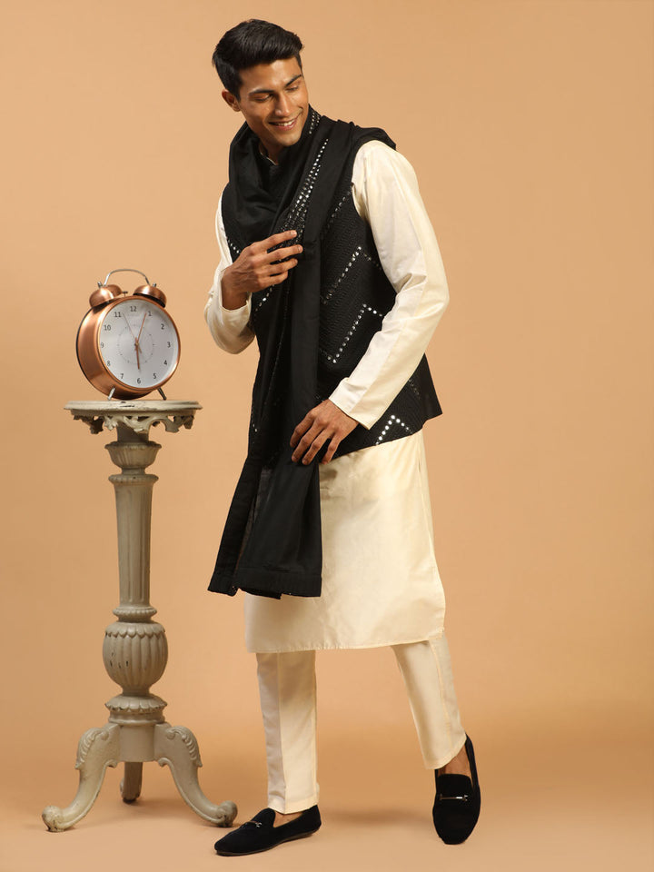 Sarvati Men's Black Mirror Jacket With Kurta Pant And Dupatta Set