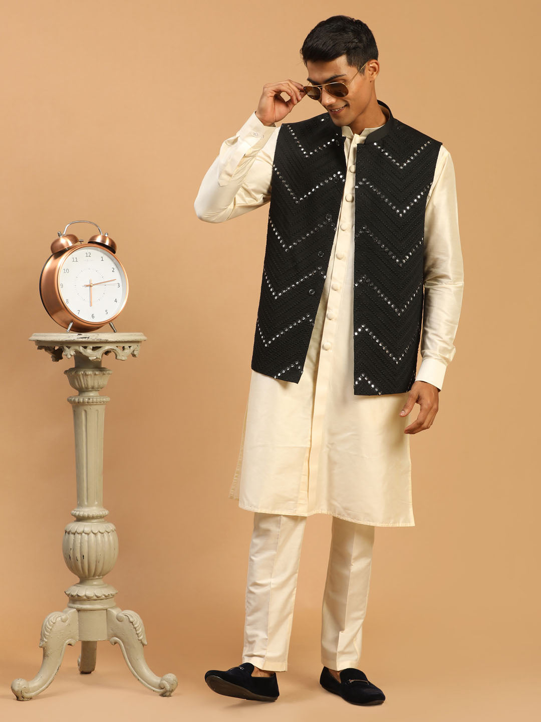 Sarvati Men's Black Mirror Jacket With Front Open Kurta pant Set