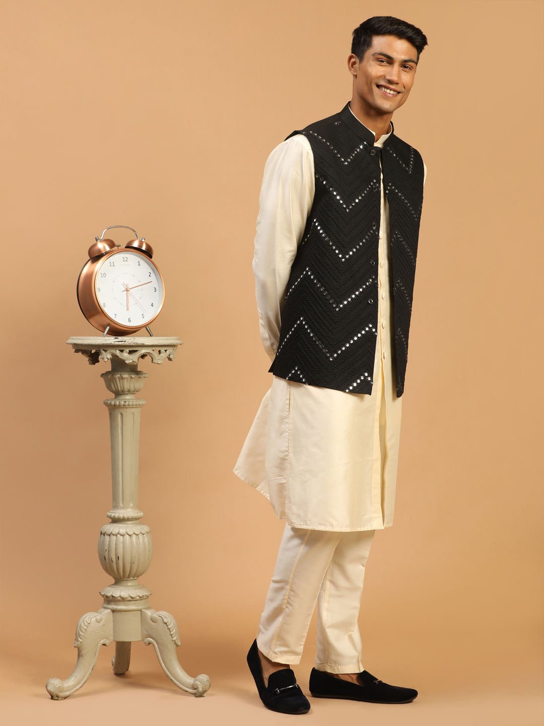 Sarvati Men's Black Mirror Jacket With Front Open Kurta pant Set