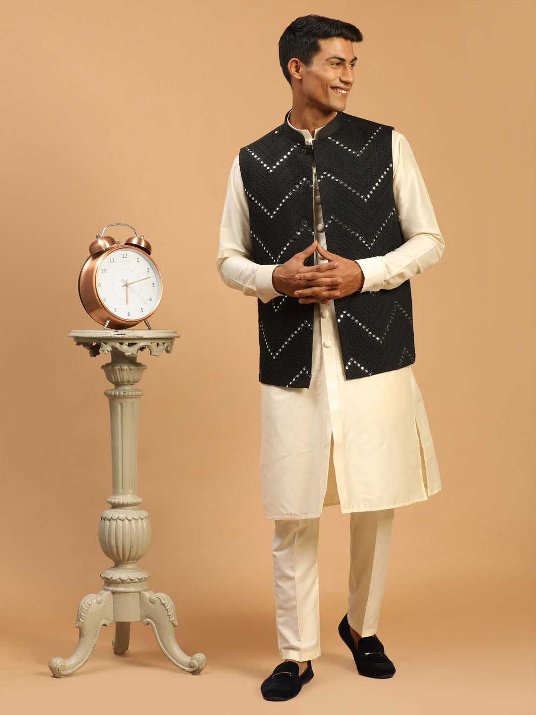 Sarvati Men's Black Mirror Jacket With Front Open Kurta pant Set