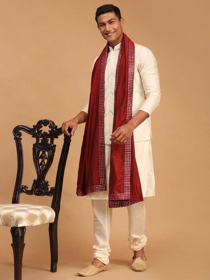 Sarvati Men's Cream Mirror Jacket With Kurta Pyjama And Dupatta Set