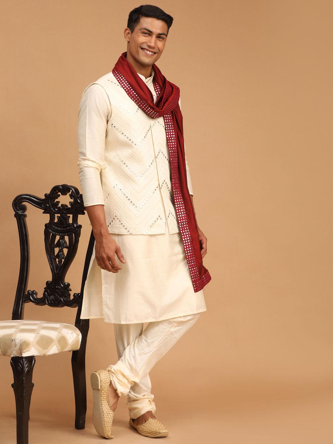 Sarvati Men's Cream Mirror Jacket With Kurta Pyjama And Dupatta Set