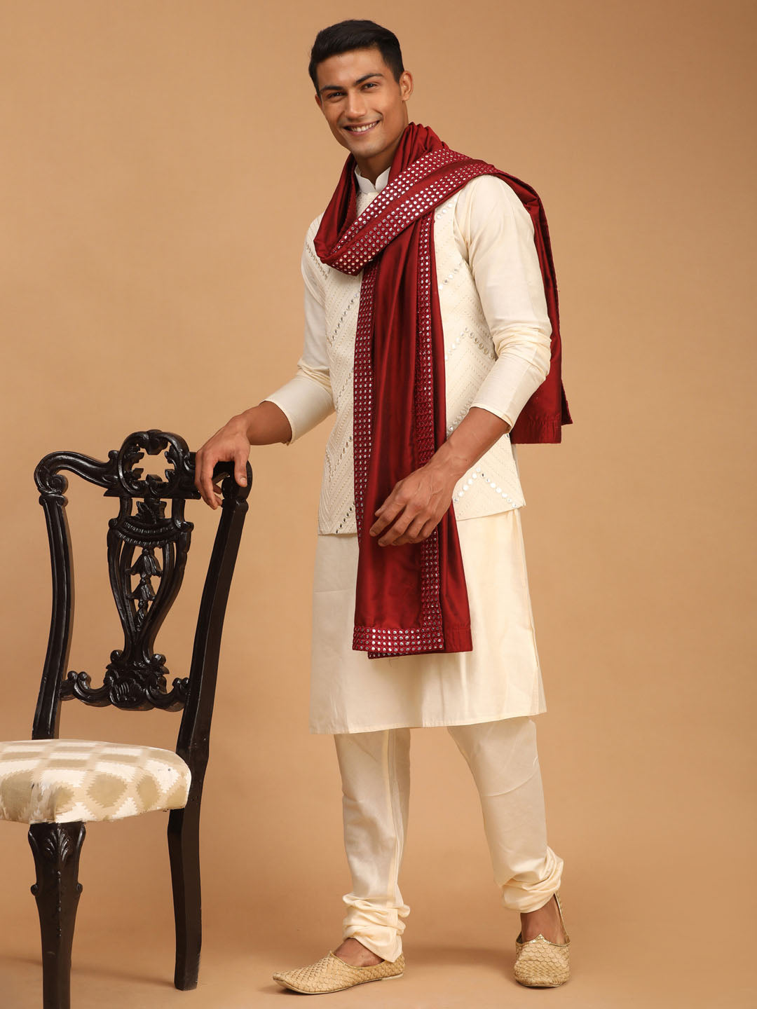 Sarvati Men's Cream Mirror Jacket With Kurta Pyjama And Dupatta Set