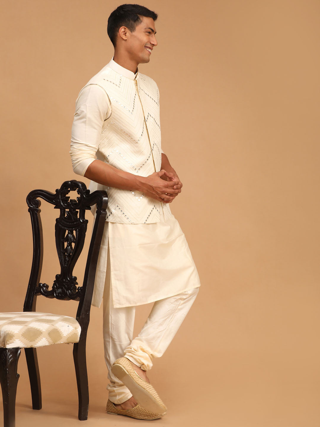 Sarvati Men's Cream Mirror Jacket With Kurta Pyjama Set