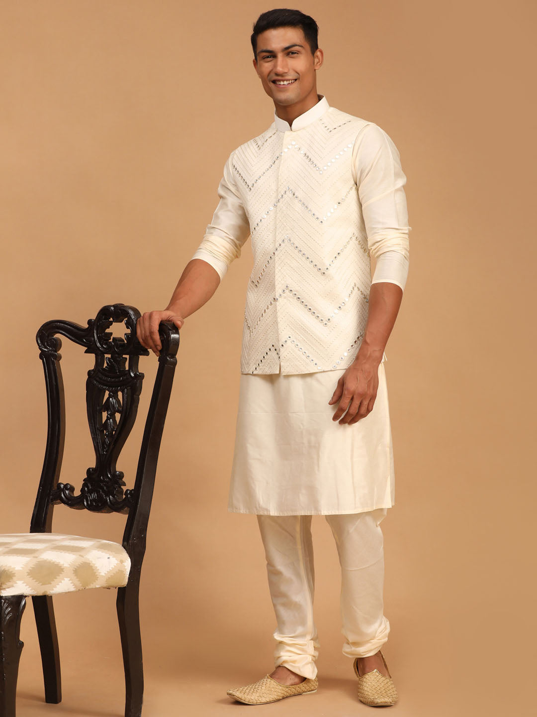 Sarvati Men's Cream Mirror Jacket With Kurta Pyjama Set