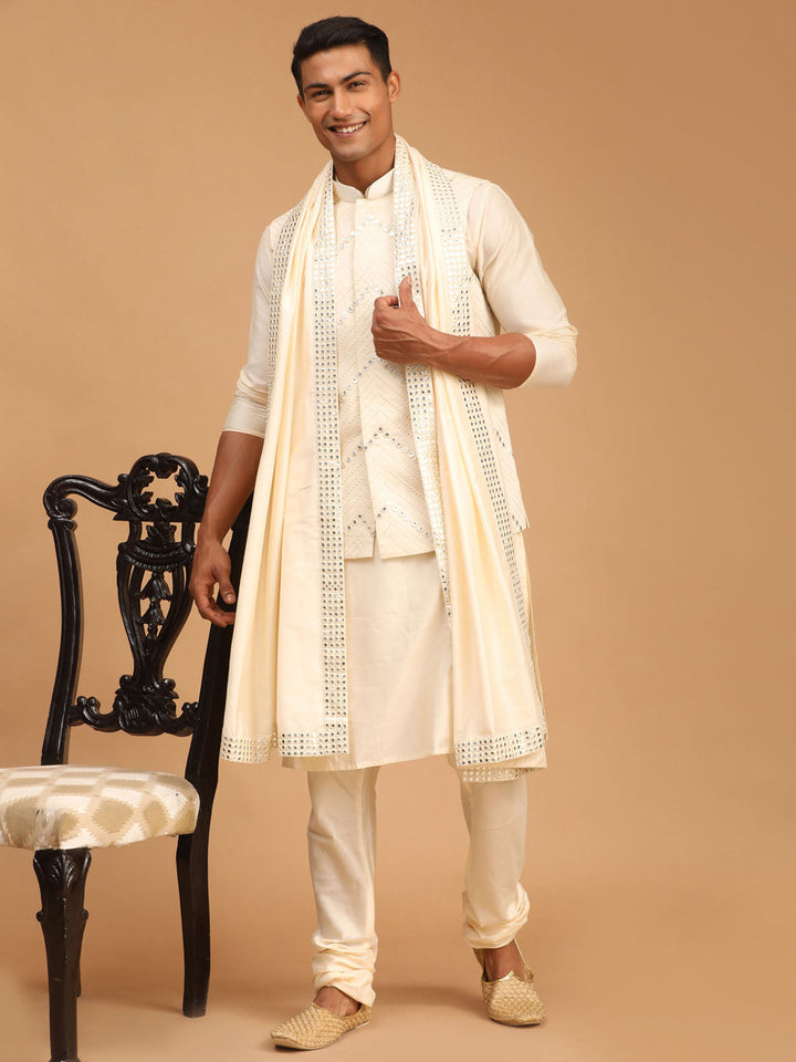 Sarvati Men's Cream Mirror Jacket With Kurta Pyjama And Dupatta Set