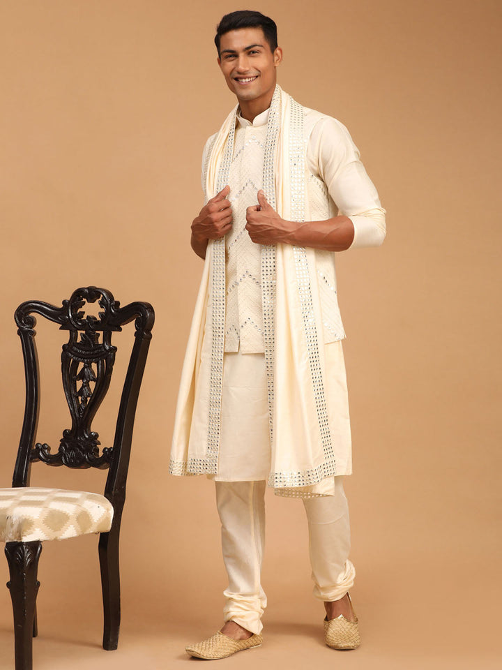 Sarvati Men's Cream Mirror Jacket With Kurta Pyjama And Dupatta Set