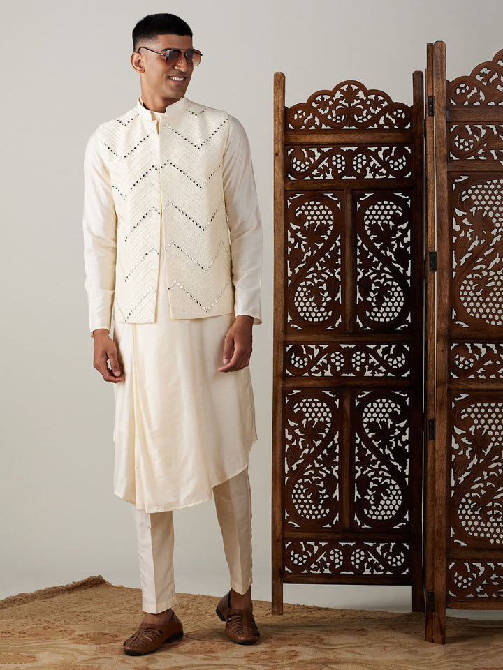 Sarvati Men's Cream Mirror Jacket With Pleated kurta pyjama Set