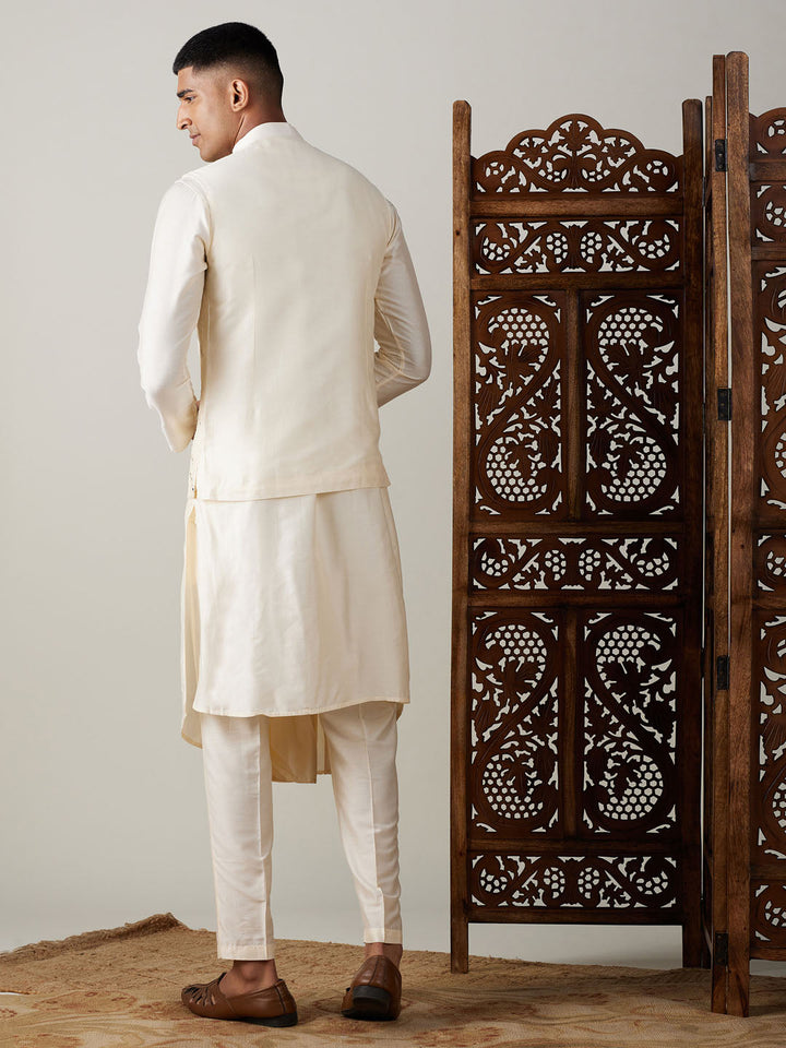 Sarvati Men's Cream Mirror Jacket With Pleated kurta pyjama Set