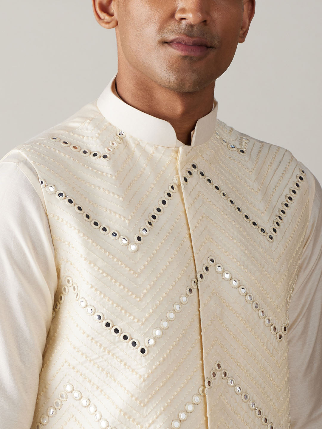 Sarvati Men's Cream Mirror Jacket With Pleated kurta pyjama Set