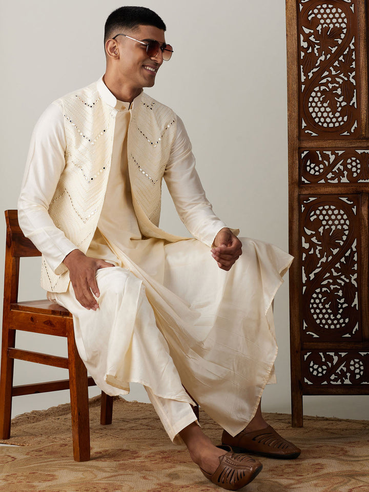 Sarvati Men's Cream Mirror Jacket With Pleated kurta pyjama Set