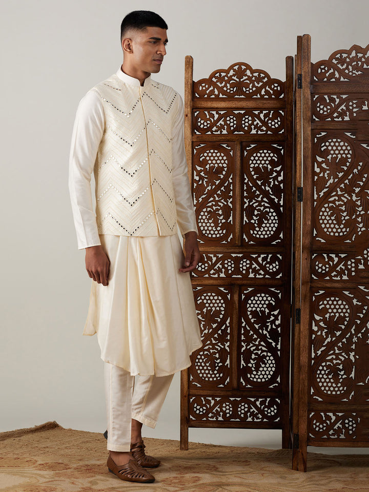 Sarvati Men's Cream Mirror Jacket With Pleated kurta pyjama Set