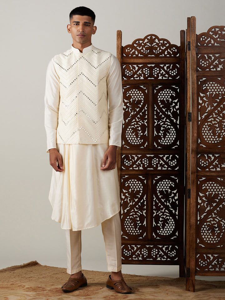 Sarvati Men's Cream Mirror Jacket With Pleated kurta pyjama Set