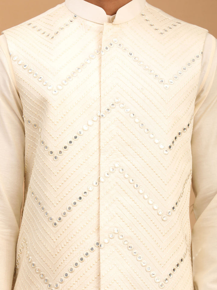 Sarvati Men's Cream Mirror Jacket With Pleated Kurta Pyjama Set