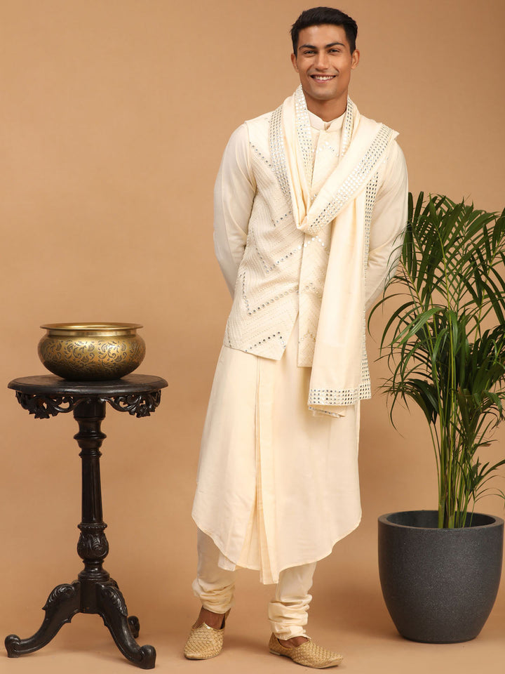 Sarvati Men's Cream Mirror Jacket With Pleated Kurta Pyjama And Dupatta Set