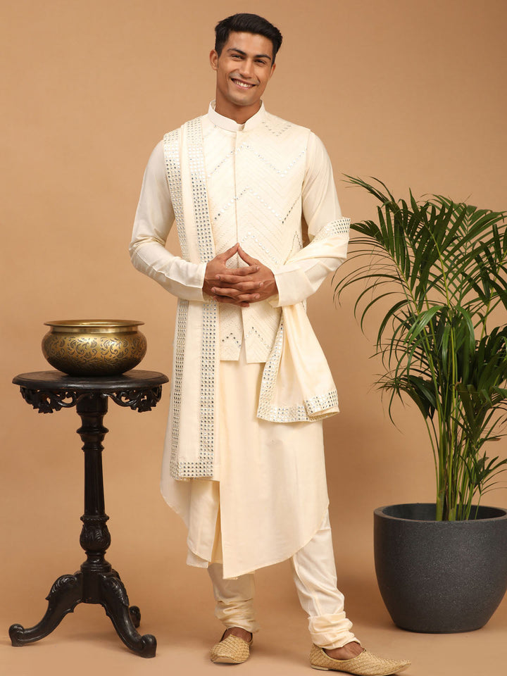 Sarvati Men's Cream Mirror Jacket With Pleated Kurta Pyjama And Dupatta Set