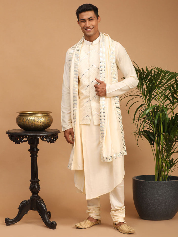 Sarvati Men's Cream Mirror Jacket With Pleated Kurta Pyjama And Dupatta Set