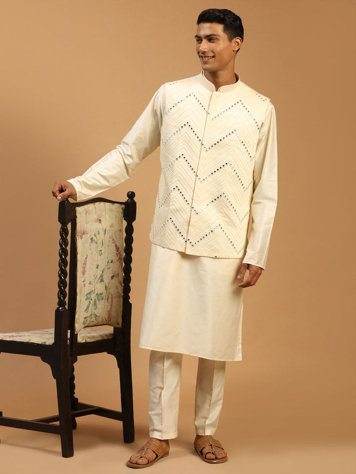 Sarvati Men's Cream Mirror Jacket With Kurta Pant Set