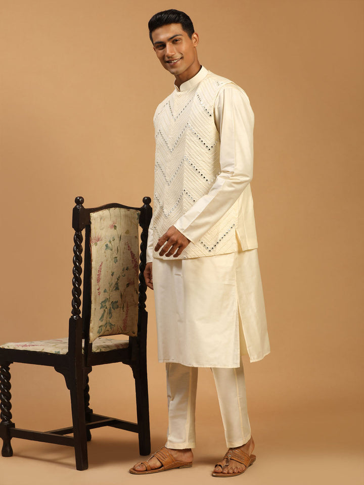 Sarvati Men's Cream Mirror Jacket With Kurta Pant Set