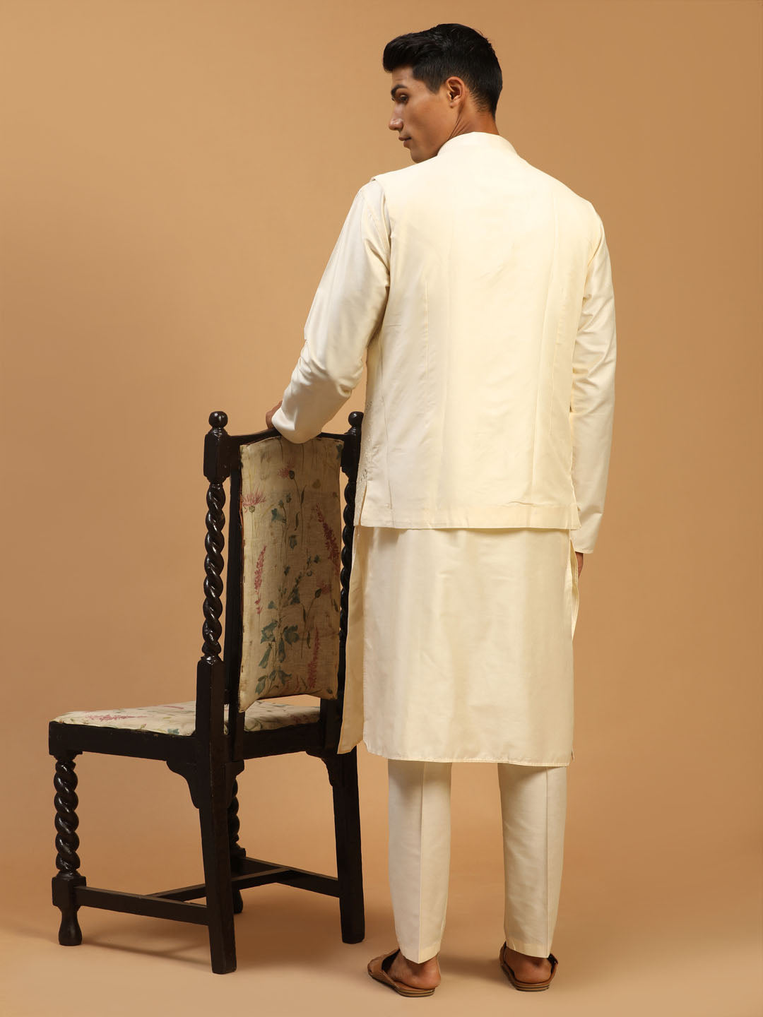 Sarvati Men's Cream Mirror Jacket With Kurta Pant Set