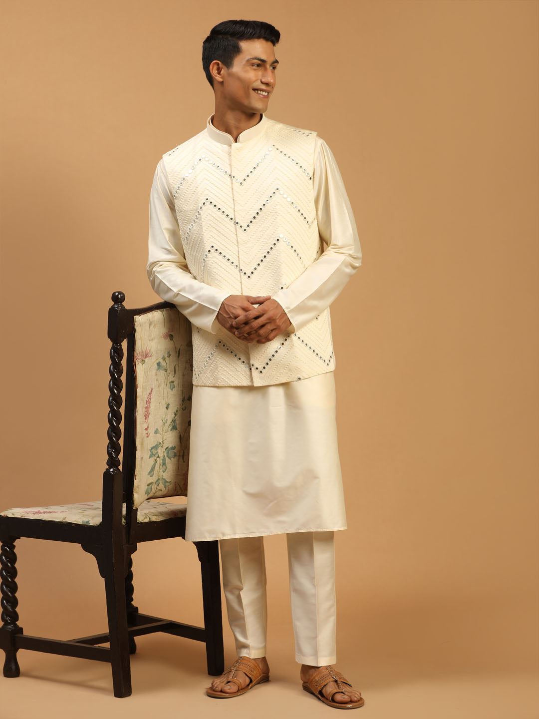 Sarvati Men's Cream Mirror Jacket With Kurta Pant Set