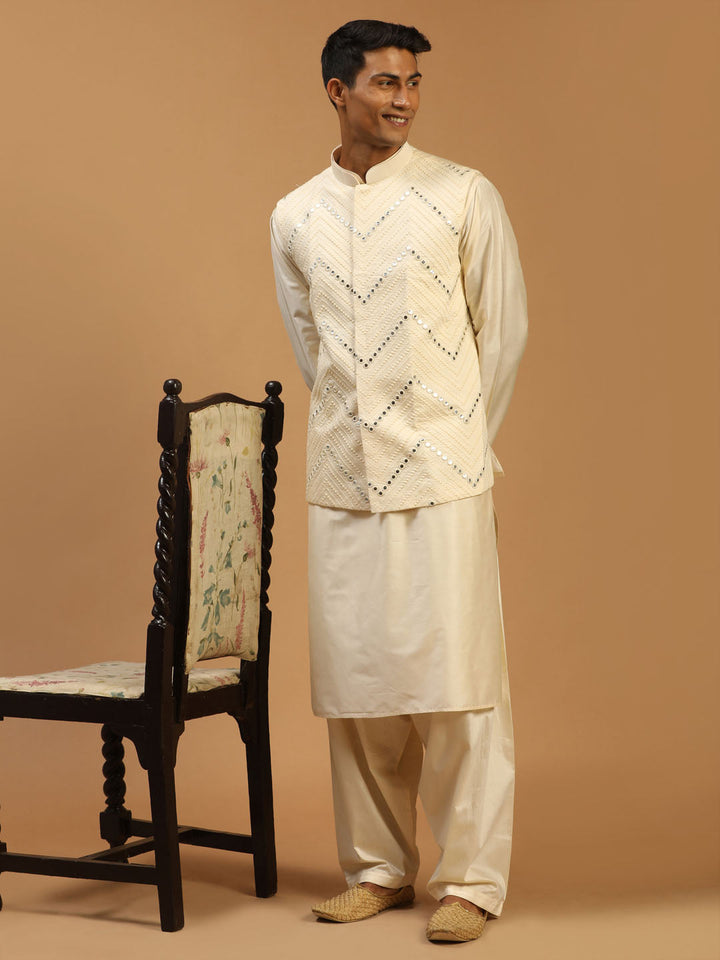 Sarvati Men's Cream Mirror Jacket With Kurta Patiala Set