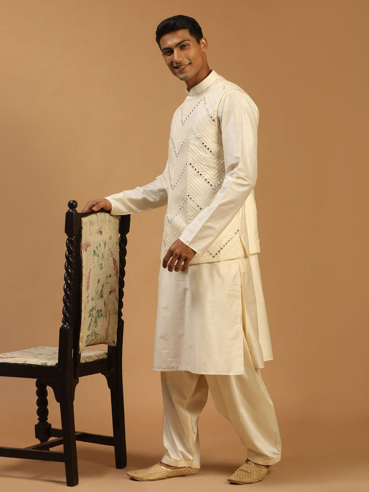 Sarvati Men's Cream Mirror Jacket With Kurta Patiala Set