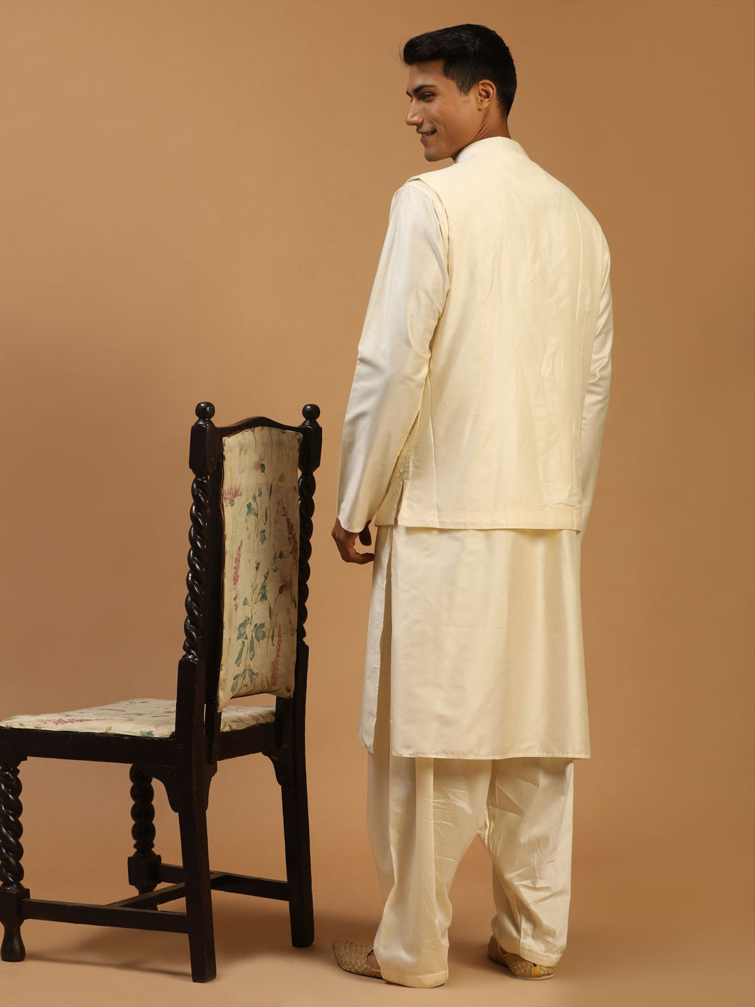 Sarvati Men's Cream Mirror Jacket With Kurta Patiala Set