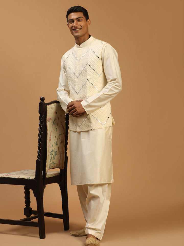 Sarvati Men's Cream Mirror Jacket With Kurta Patiala Set