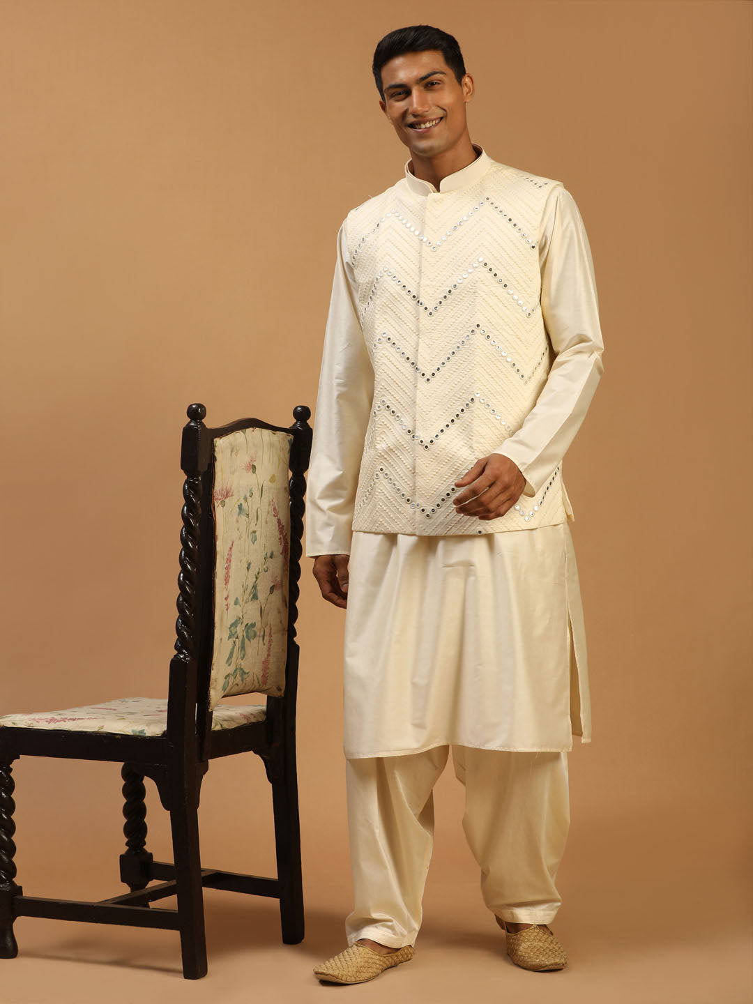 Sarvati Men's Cream Mirror Jacket With Kurta Patiala Set