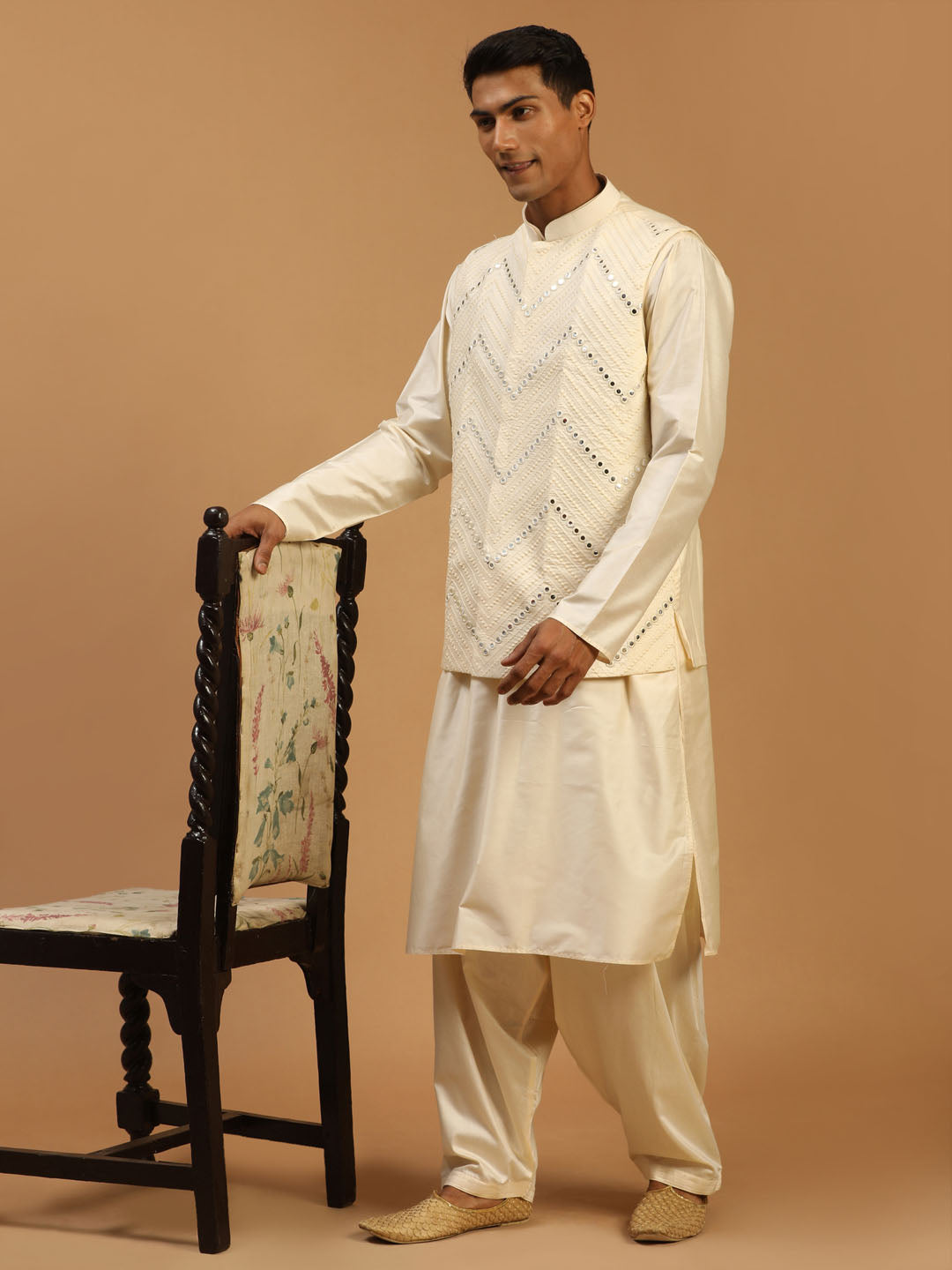 Sarvati Men's Cream Mirror Jacket With Kurta Patiala Set